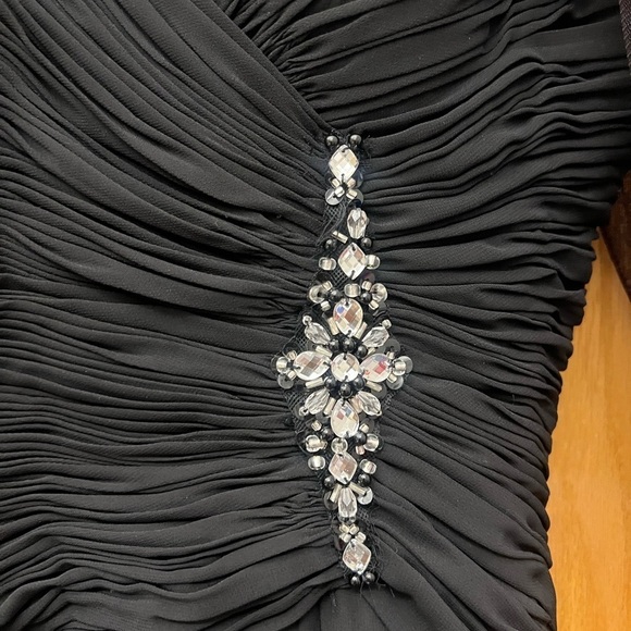 Formal Black Illusion 3/4 Sleeve Side Ruched Gown With Rhinestone Embellishment - Picture 4 of 7